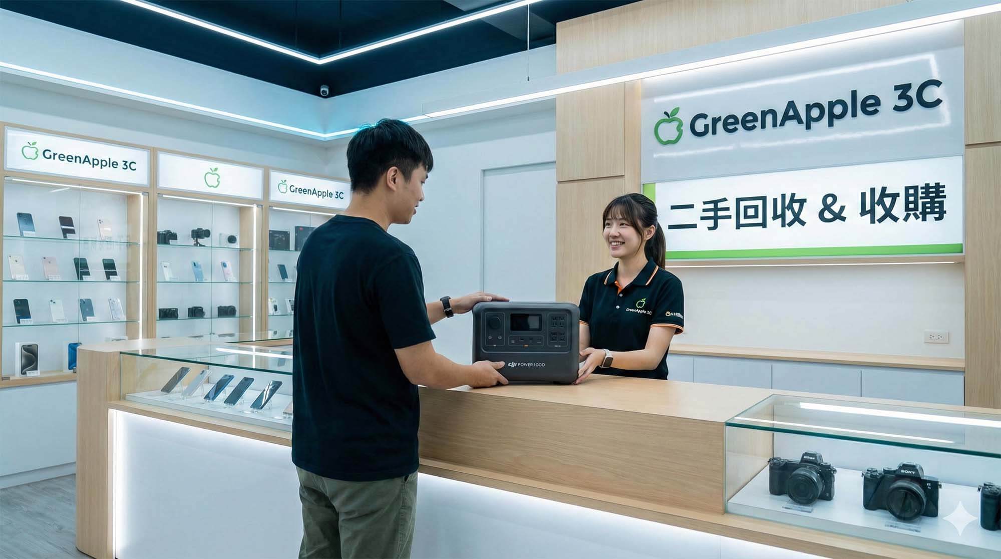 青蘋果3C 台南門市櫃檯上陳列著 DJI Power 1000，背景為整潔明亮的 3C 展示架 (DJI Power 1000 displayed on the counter of GreenApple 3C Tainan store, with clean and bright 3C display shelves in the background).